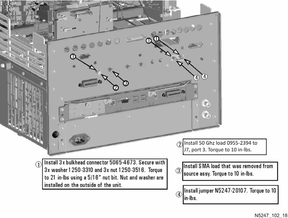- Step 29. Install Rear Panel Hardware Follow the four instructions shown in Figure 21. Two hole plugs (6960-0523) remain in the rear panel. Figure 21 Rear Panel Hardware Step 30.
