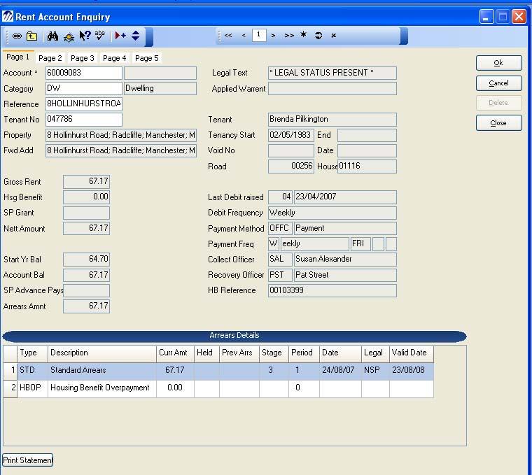 Printing a Statement In Page 1 of the Rent Account Enquiry screen using your