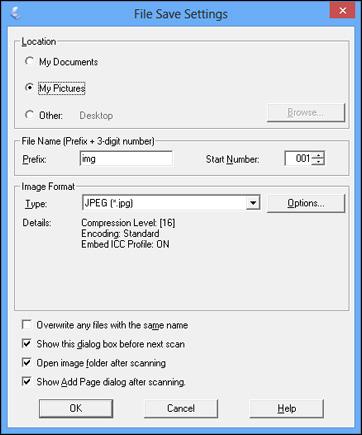 Fax: 200 dpi Parent topic: Selecting Epson Scan Settings Selecting Scan File Settings You can select the location, name, and format of your scan file on the File Save Settings window.