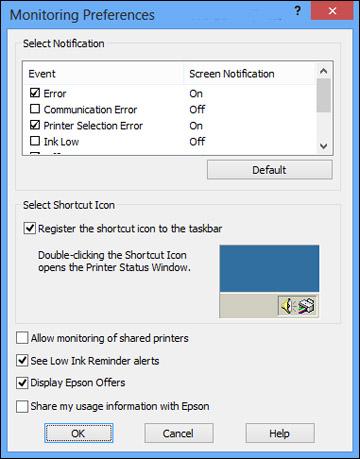 4. Deselect the See Low Ink Reminder alerts checkbox at the bottom of the screen. 5. To disable promotional offers, deselect the Display Epson Offers checkbox.
