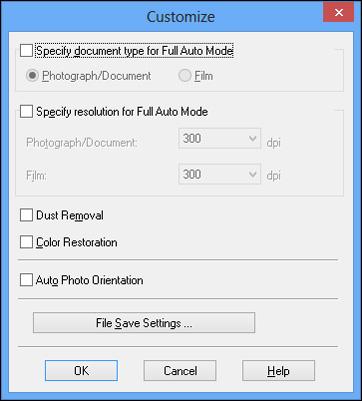 2. To select image adjustment options or change your scanned file settings, click Customize, select the settings, and click OK.