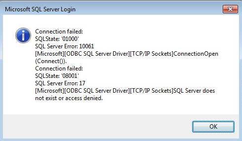 At this stage, the process tries to connect to the SQL server instance using the parameters you entered. A popup message appears in the case of failure.