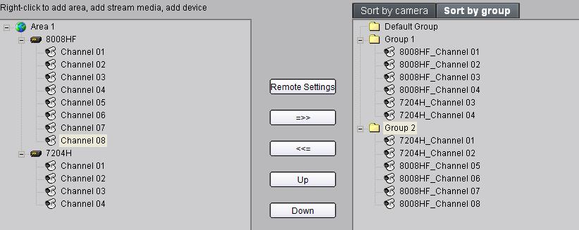 Select the device in the list area and click key and all the channels of the device can be moved to the selected group.