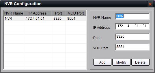 7.2.1 Add NVR Server Click key to enter NVR configuration interface. Input the NVR server name, IP address and port, and click key to finish.