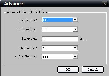 Note: The time of each segment can t be overlapped. Click Settings of the Advanced settings to enter advanced settings. User can set pre/post record time.