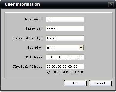 visit the device through network. Click Modify to change the user name and password; click Delete to delete the user.