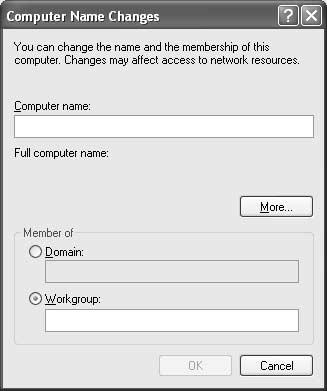 3 Click the Computer Name tab, then click Change. The Computer Name Changes dialog box appears. (This dialog box is from Windows XP Professional.