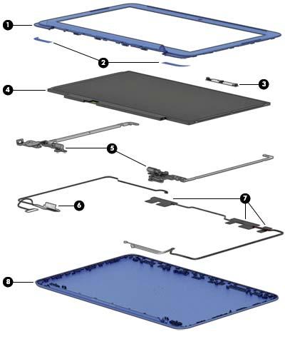 Display assembly components non-touchscreen Item Description Spare part number (1) Display bezel (includes Mylar screw covers) For use in magenta models 792768-001 For use in blue models 792767-001