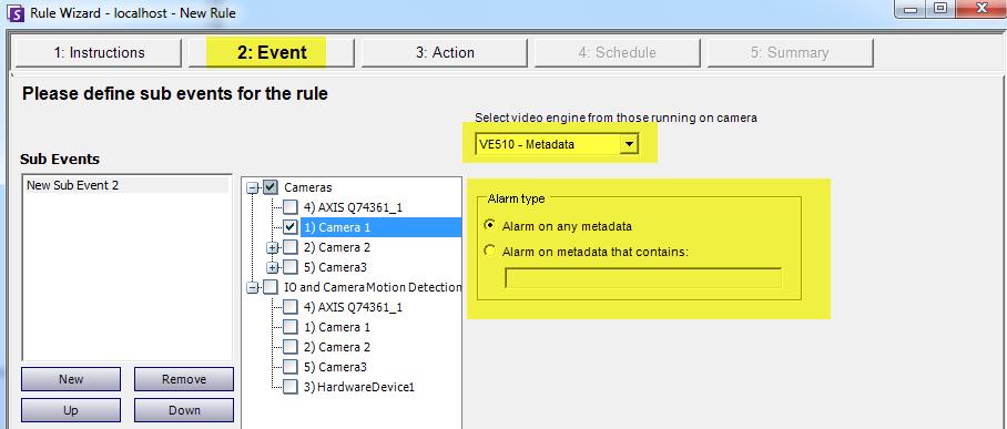 Create a rule to alarm on metadata 1. In Symphony, select Server>Configuration. 2. In left pane, click Rules. 3. Click New. The Rule Wizard opens. Click Next. 4.