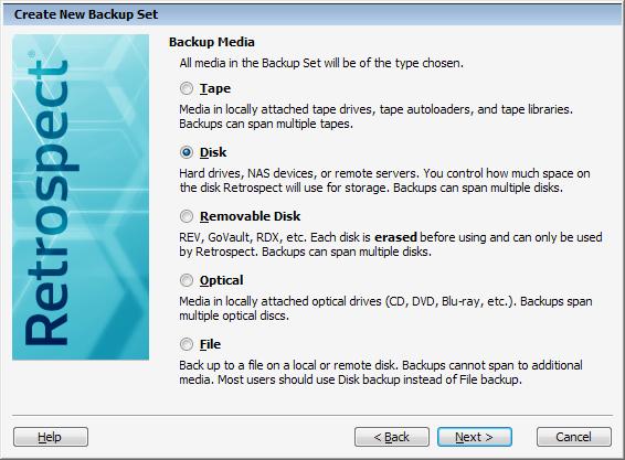 6. Select Disk for the type of media that will be used for the Backup Set.