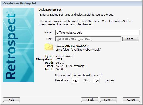 7. Give the Backup Set a descriptive name and click the Select button to choose location for the Backup Set.