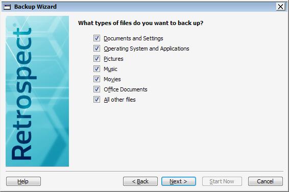 4. Tell Retrospect what types of files to copy during the backup by checking or