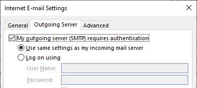 Page 3 9) Select the Outgoing Server tab and click to place a check mark in the box labeled My outgoing server (SMTP) requires Authentication 10) Make sure the Use same settings as my incoming mail