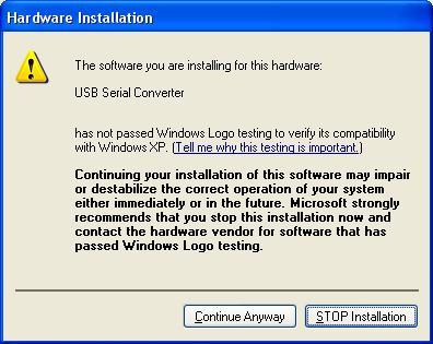 If Windows XP is configured to warn when unsigned (non-whql certified) drivers are about to be installed, the following screen will be displayed.