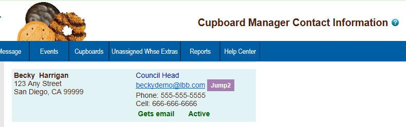 Contacts Tab The contact listed here is at the council level as an Overall cupboard manager. This contact can view, add, change or delete any and all cupboards.