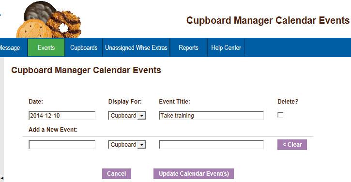 Events Tab The events tab allows the Cupboard manager to place council-specific dates on the calendar for the cupboard