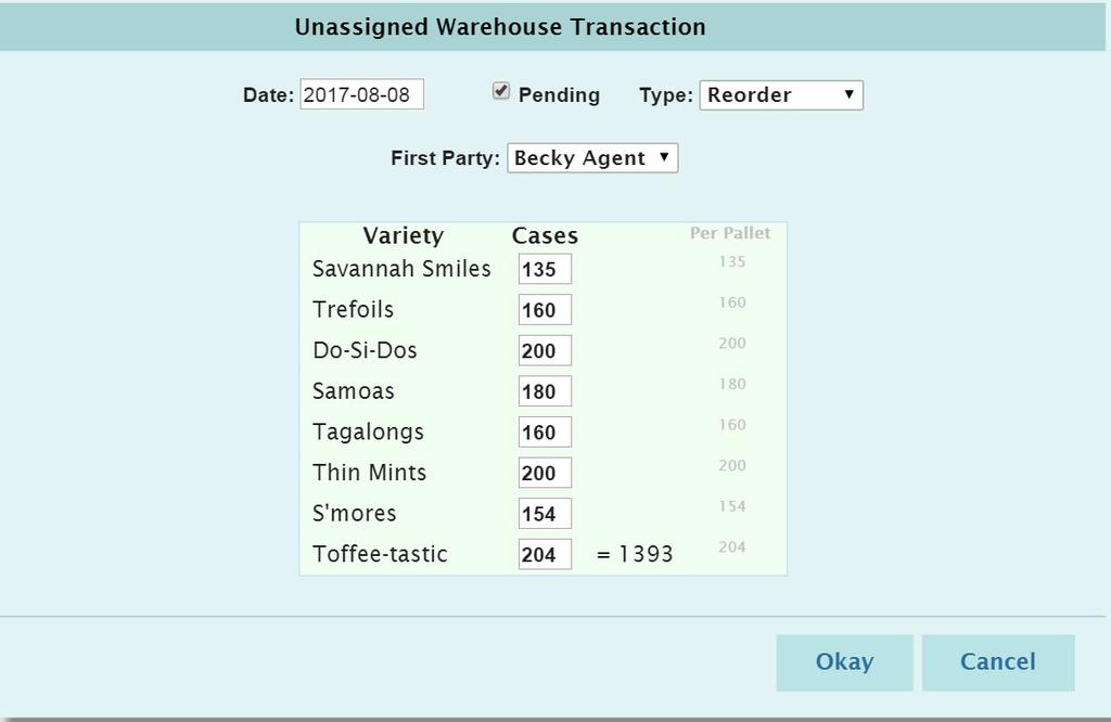 For the First Party: select the agent s warehouse that you are placing the reorder for. Enter the quantities in cases.