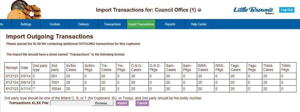 Import Transactions You will click the Import Transactions tab to import outgoing transactions from another source. The format we use for the import file is an Excel.csv (comma separated value).