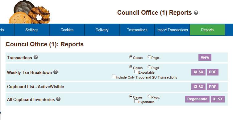 Cookie Cupboard Reports There are four cupboard available. You can select that these reports are displayed in cases or packages. The reports Excel type reports print as an XLSX format.