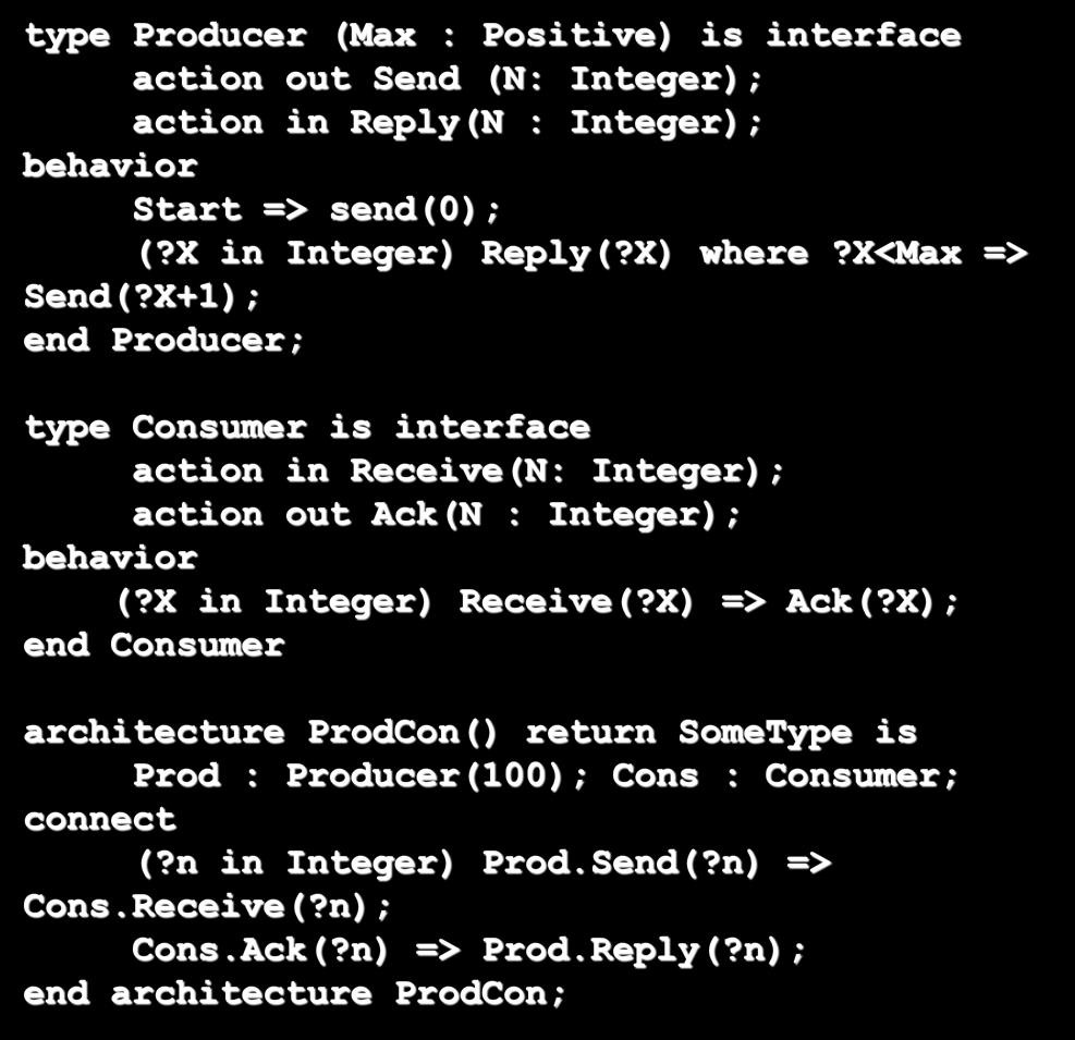 46 5.12.2013 A Simple Specification in Rapide type Producer (Max : Positive) is interface action out Send (N: Integer); action in Reply(N : Integer); behavior Start => send(0); (?X in Integer) Reply(?