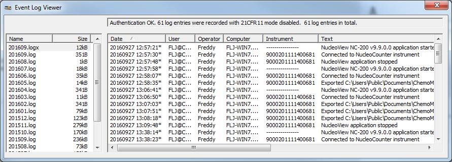 The left panel shows the list of existing event log files in the image file (*.cm) save destination folder (see 'Image files' section below), with one event log file created for each month.