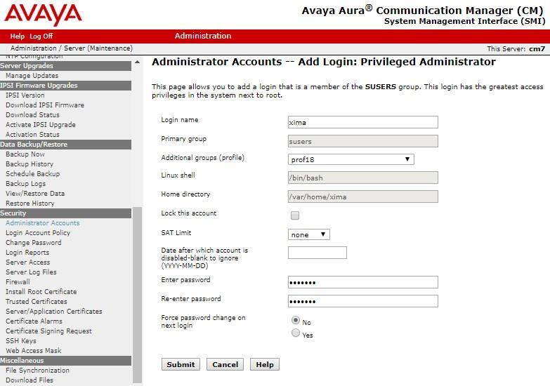 The Administrator Accounts screen is updated. Enter the desired credentials for Login name, Enter password, and Re-enter password.