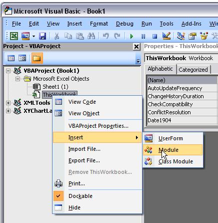 Inserting a Code Module (3:20) Right-click on ThisWorkbook. Select Insert --> Module.