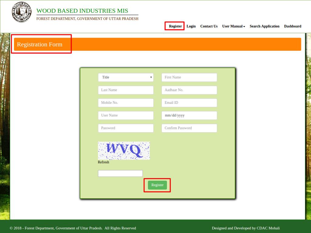 म ख य प ज पर ल क Wood Based Industries MIS पर क ल क कर STEP 2: Click on Register tab.