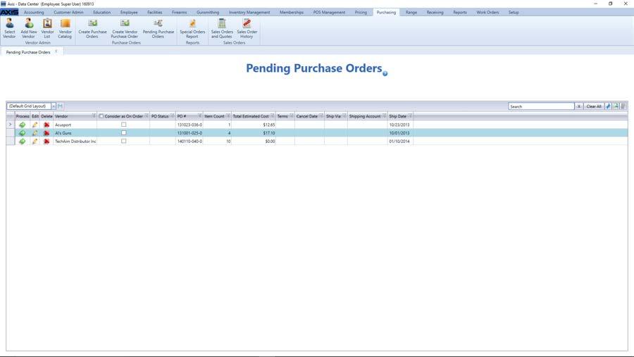 Process a Pending Purchase Order 1. Navigate to the Pending Purchase Orders screen. 1. Log In to the Data Center Application to display the Data Center ribbon menu. 2.