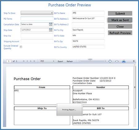 4. Click a purchase order s Process button to display the Purchase Order Preview window. 5. Edit Purchase Order Preview information in the window as needed.