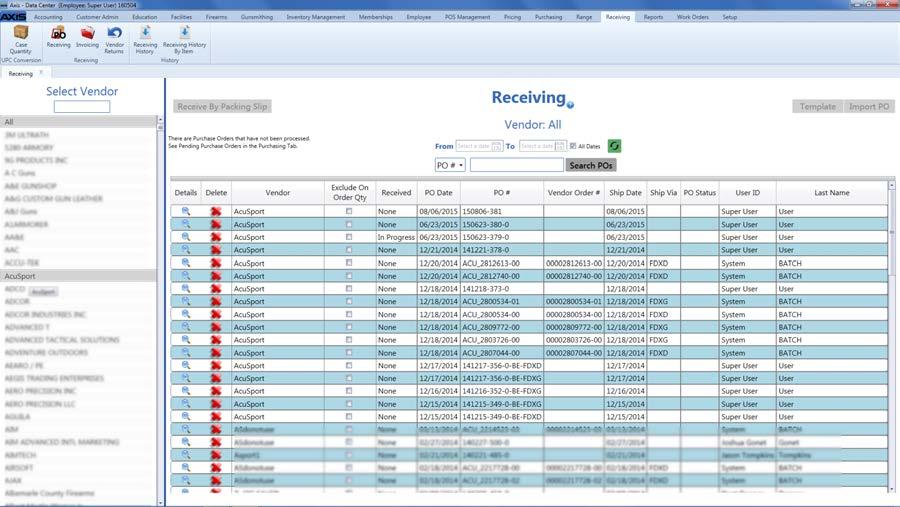 Use the Receiving screen 1. Log In to the Data Center Application to display the Data Center ribbon menu. 2.