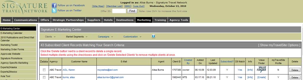 Inviting Clients Via the Intranet: Part Two Once your client list has appeared click on Show mytravelsite Options Locate client and click the Invite Client to mytravelsite button By inviting them,