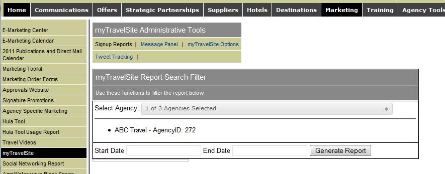 Generating Signup Reports As your clients begin signing up you can get detailed reports of mytravelsite profiles and where they originate from.