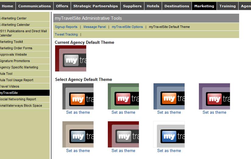 Setting Agency Default Theme Those with owner privileges have the ability to set their agency s theme color. By setting this option, all new users sites will default to the color scheme selected.