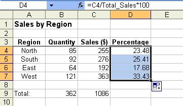 INTERPRETING BASIC STATISTICAL VALUES 2. In the Name Box, type Total_Sales and press the Enter key. 3. Change the formula of cell D4 so that it reads as =C4/Total_Sales*100.