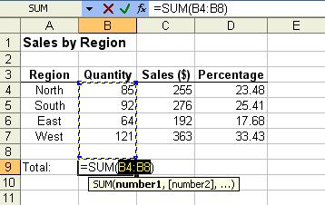 STATISTICAL TECHNIQUES 6. Delete the formula in cell B9. Now click the AutoSum ( ) button on the Standard toolbar. By default, Excel selects the entire range from B4 to B8 to perform the summation.