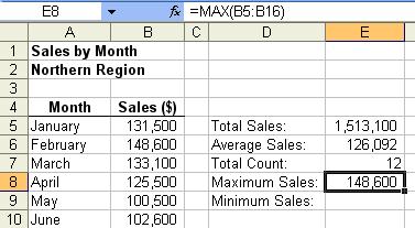 MIN function The MAX function locates the smallest or minimum value in a specified range.