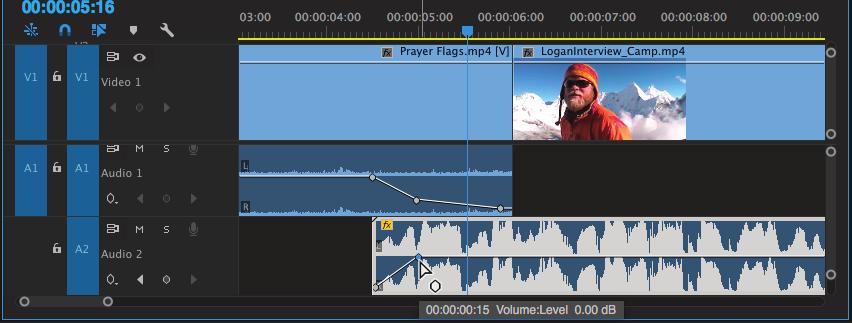 Adding and adjusting keyframes in a J-cut To make J- and L-cuts work effectively, you need to use keyframes in the audio clips to create an audio crossfade.