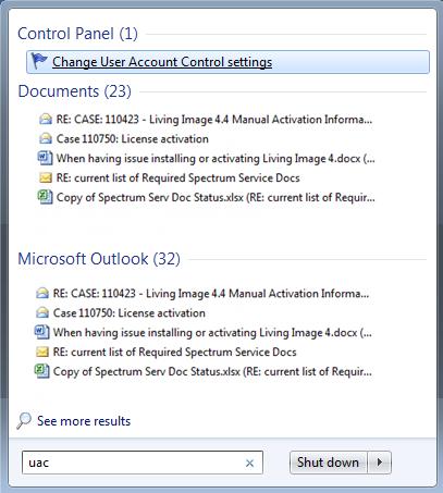 Living Image 4.7 Installation and Licensing Guide Chapter 4 Activating a License 21 4. Click "Change User Account Control Settings in the search results (Figure 4.10). Figure 4.