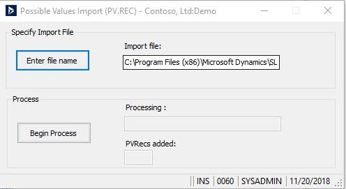 Adding AR Collections Manager Possible Values (PV) using the Microsoft Dynamics SL PV Import Utility Select Administration Possible Value Import to begin the PV Import process.