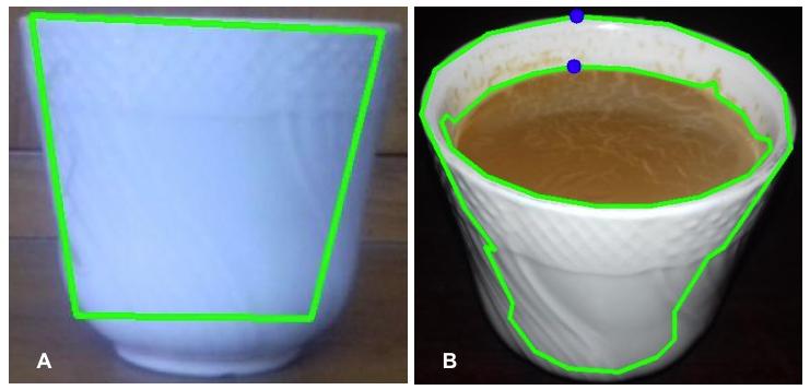 Once the liquid portion is separated, it is sent to the trained classifier as input. 3) Estimation of volume and mass: Here we use the contour found from the segmentation step.