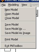 8 Learning About Petri Net Toolbox I.2.1. File menu The File menu (fig. I.2) offers facilities for file-handling operations. This is the only menu available when the PN Toolbox GUI is started.