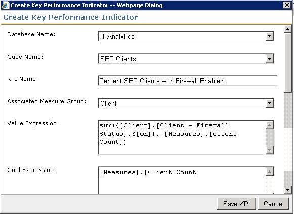 8. Click the Create KPI button. 9. In the Key Performance Indicator Window type "Percent of SEP Clients with Firewall Enabled" in the KPI Name textbox. 10.