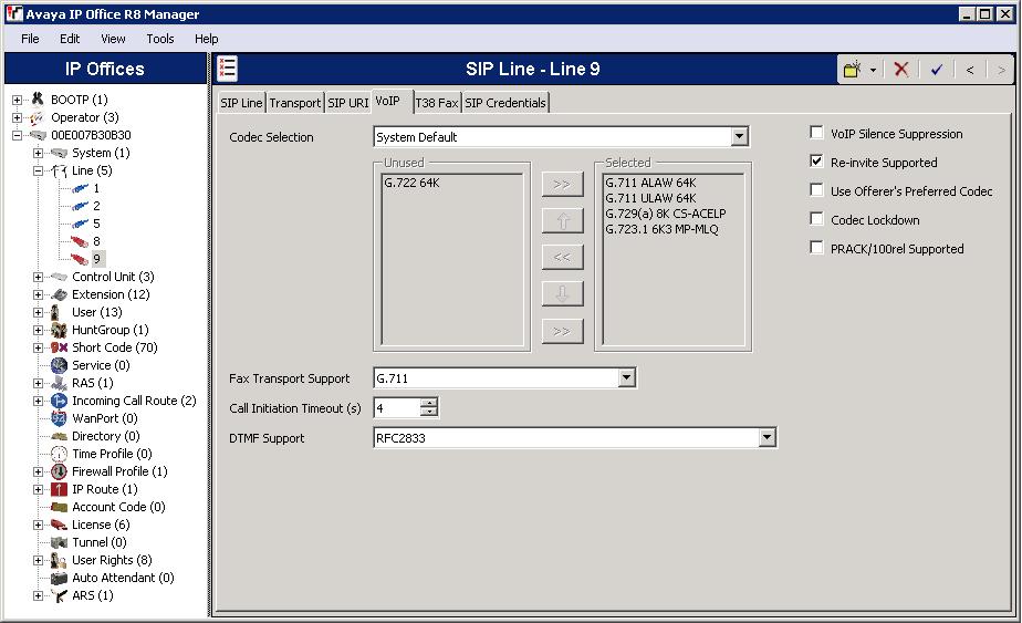 Avaya IP Office 8.0 - SIP Page 12 The VoIP tabs Codec Selection is assigned to Systems Default profile. For appropriate interworking the Re-Invite Supported flag is set.