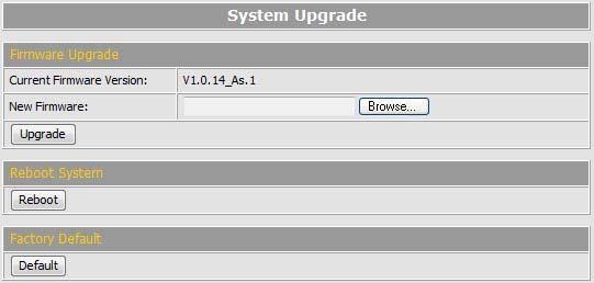 System Upgrade This page allows user to upgrade firmware, restart device and restore the factory default settings. System Upgrade Firmware Upgrade The firmware can be upgraded online.