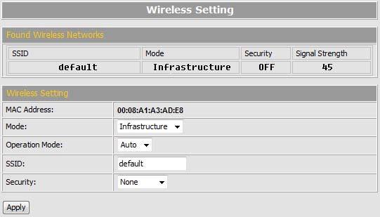 Wireless Setting The Wireless model supports Wireless network connection, set the parameters in this page.