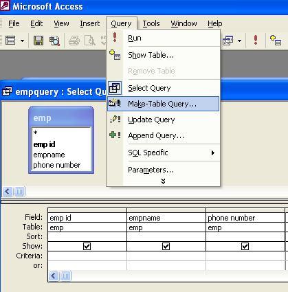 Microsoft Access Queries 10.3.6 Query to Make a Table You can use a query to create a table.