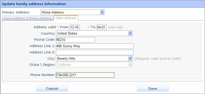 Other Address Tab The From and To fields let you schedule a timeframe when you wish to be contacted at your other address.