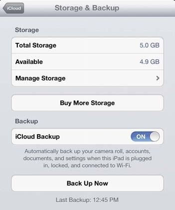 n n Find My ipad. Locate a missing ipad. For details, see Securing Your ipad in Chapter 1. Storage & Backup. To make an icloud backup, tap Storage & Backup and then turn on icloud Backup C.