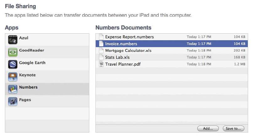 5. In the File Sharing section, click an app in the Apps list on the left A. The files for the selected app appear in the documents list on the right. 6.